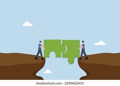 Teamarbeit, um Probleme gemeinsam zu lösen, Business-Profis verbinden Puzzleteile, um eine Brücke zu schaffen, die die Teilung überspannt
