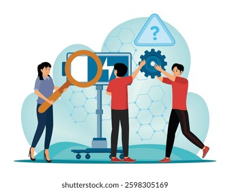 Teamwork solving complex problems. Collaborative work with team members enhancing workplace solutions using magnifying glass and gears. Flat vector modern illustration 