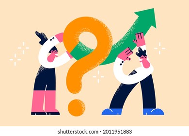 Teamwork, solving problem, collaboration concept. Business people colleagues coworkers teammates standing putting solution arrow on question mark problem sign vector illustration