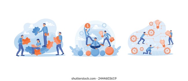 Teamwork in solving problems. Balance between ideas, time and work. Entrepreneur connects ideas and work. Teamwork concept. Set flat vector illustration.