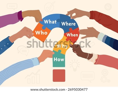 Teamwork Solving Questions with Who What Where When Why How Puzzle Piece Concept