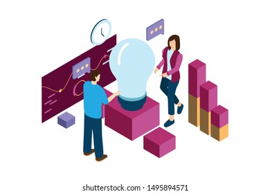 teamwork stand on light bulb for brainstorming and build idea and creativity in isometric illustration style