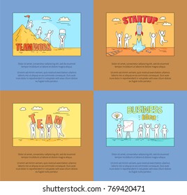 Teamwork and startup, business idea and team images representing businessman working on projects with text sample vector illustration