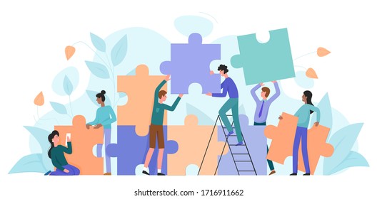 Teamwork, Start-Charakter flach Vektorillustration Illustration Business-Konzept mit Riesenpuzzle. Teamwork-Partnerschaft-Metapher. Teambuilding-Schulung, Projektmanagement, Gruppenmotivation, Brainstorming