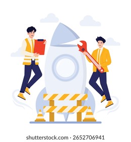 Teamwork Startup concept. Businessman standing near rocket. Vector illustration in flat style