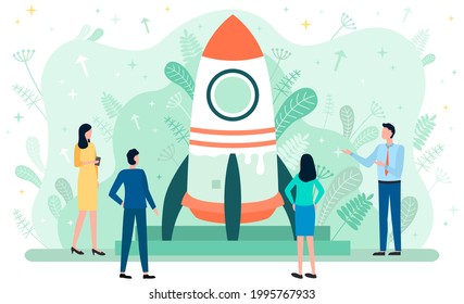 Teamwork and startup concept. Businesspeople launching business project startup, business strategy successful. Entrepreneurs create new project with spaceship. People look at new rocket before launch