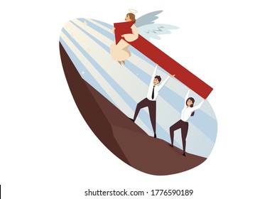 Teamwork, startup, religion, christianity, business concept. Jesus Christ son of God helping team of young businessman woman holding red arrow on top. Divine support and goal achievement illustration.