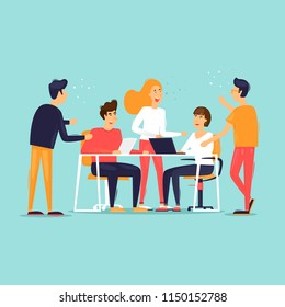 Teamwork, startup, support, data analysis, brainstorming, meeting. Flat design vector illustration.