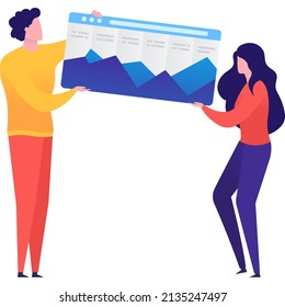 Teamwork and statistics research vector flat icon. Business investment data analysis and management online. Man and woman team working together isolated on white background