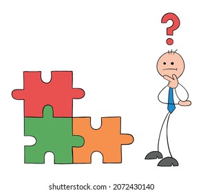 Teamwork, stickmen businessmen is thoughtful about the missing puzzle piece. Hand drawn outline cartoon vector illustration.