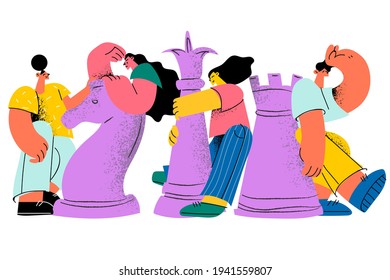 Teamwork, strategy, business tactics concept. Team of diverse man and woman business people colleagues playing giant chess together meaning planning, thinking and discussing business strategy