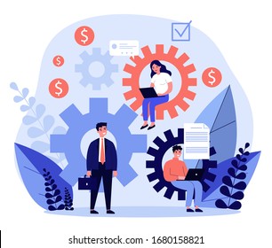 Teamwork strategy for office flat vector illustration. Tiny people with computers seating at big cogwheel. Organization, business mechanism and company mission concept.