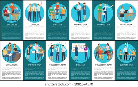 Teamwork and strategy, office work business idea, set of posters with information businessmen using laptops to fulfill plans, vector illustration