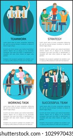Teamwork and strategy set of banners with informational text and titles, men with ties, people and confetti with prize isolated on vector illustration