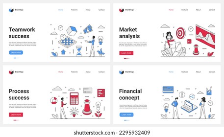 Teamwork strategy success, market financial analysis process set vector illustration. Cartoon tiny people work on career development with briefcase, research reports in bank account with calculator