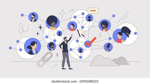 Teamwork with strong connections and business partners retro tiny person concept. Network mesh with contacts for cooperation or partnership vector illustration. Strength in unity and partners bonding.