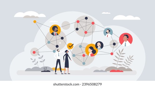 Teamwork with strong connections and business partners tiny person concept. Network mesh with contacts for cooperation or partnership vector illustration. Strength in unity and partners bonding.