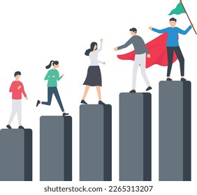 Teamwork to succeed together, employee career path concept, partnership help business growing, team collaboration concept,   mentor and training concept, business people help team climbing growth char