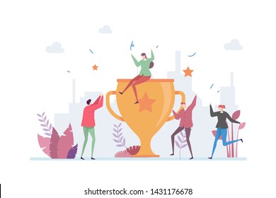 Teamwork Success Achievement Vector Illustration Concept Showing A Company Team Enjoying A Big Award Trophy, Suitable for landing page, ui, web, mobile app intro card, editorial, flyer, and banner