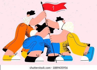 Teamwork, Success, Business Cooperation Concept. Young People Business Parters Putting Flag As Symbol Of Goal Achievement And Successful Work Together Vector Illustration 