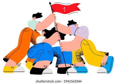 Teamwork, Success, Business Cooperation Concept. Young People Business Parters Putting Flag As Symbol Of Goal Achievement And Successful Work Together Vector Illustration 