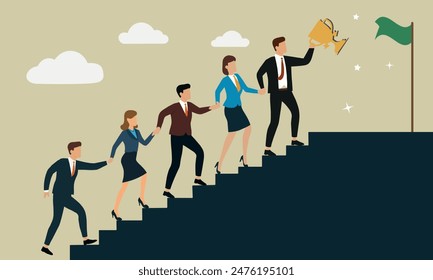 Teamwork Success - Business people team up and hold hands of each other, walking up staircases to celebrate success, goal, trophy. Flat vector illustration