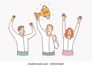 Teamwork, success, celebrating victory concept. Group of young smiling positive business people cartoon characters standing with raised hands holding golden trophy celebrating victory together 