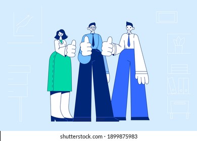 Teamwork, Erfolg, Kooperationskonzept. Gruppe junger positiver Geschäftsleute, die zusammen stehen und in Team-Vektorgrafik Daumenschilder mit Fingern im Büro zeigen