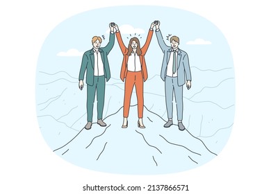 Teamwork success and Collaboration concept. Group of workers business team standing on top of mountain peak holding hands feeling successful together vector illustration 