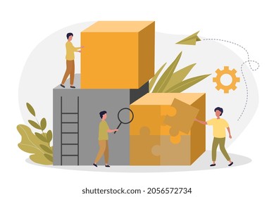 Teamwork success concept. Employees hold puzzle pieces and assemble them. Collaboration or partnership. Men and women work together. Cartoon isometric vector illustration isolated on white background