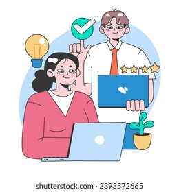 Erfolgskonzept für Teamwork. Energieprofis mit Laptops feiern Erfolge. Positives Feedback, Einblicke in die Zusammenarbeit. Innovative Ideen-Sharing. Flache Vektorgrafik.