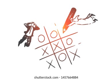 Teamwork, success, coworking, partnership, globalization concept sketch. Businessman and Arab flying and playing cross sticks, Muslim winning. Hand drawn isolated vector illustration