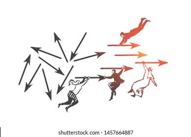Teamwork, success, coworking, partnership, globalization concept sketch. Business people European and Muslims flying and catching arrows going to different directions. Hand drawn isolated vector