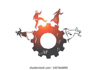 Teamwork, success, coworking, partnership, globalization concept sketch. Business people European and Muslims running one by one on gear. Hand drawn isolated vector illustration