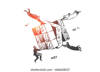 Teamwork, success, coworking, partnership, globalization concept sketch. Business people European and Muslims flying and fixing jigsaw side. Hand drawn isolated vector illustration