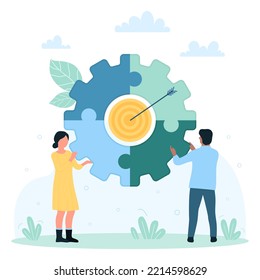 Teamwork for success goals vector illustration. Cartoon tiny people work together and connect big puzzle jigsaw target, man and woman employees building complete partnership and collaboration