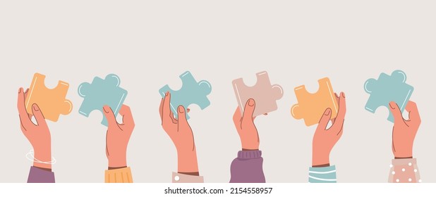 Teamwork and success. Hands with puzzles, coworking metaphor. Colleagues working on common project. Creative personalities and brainstorming, searching for ideas. Cartoon flat vector illustration