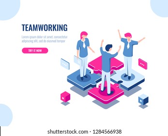 Teamwork success isometric icon, puzzle business solution, working together, association of people, startup, flat vector illustration