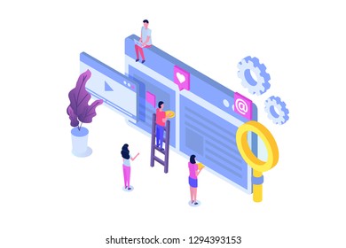 Teamwork success isometric vector illustration. Construction project.  Building Business on the internet.