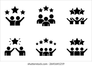 Teamwork success linear icon set. Achievement for group project. Star rating for review. vector illustration on white background