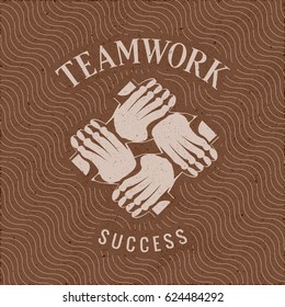 Teamwork Success Logo Lettering with Four-Hand Seat Carry as Symbol of Team Work in Front of Wavy Lines - Beige Elements on Brown Rough Paper Background - Vector Contrast Graphic Style
