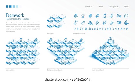 Teamwork success, Office work, communication modular isometric constructor. Seamless pattern base, line icon, character set. Develop, growth up stairs concept. Cooperation platform. Business infograph