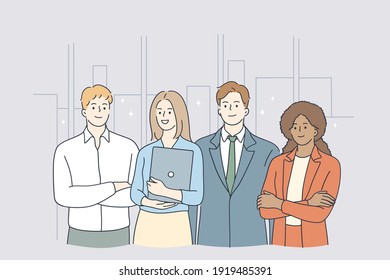 Teamwork, Success, office workers concept. Group of positive workers business people partners standing with laptop in office ready to achieve goals together showing professional skills and motivation 