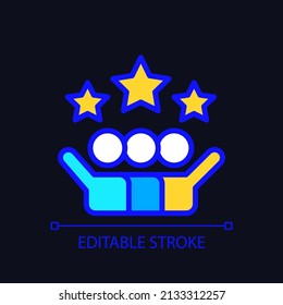Teamwork success pixel perfect RGB color icon for dark theme. Achievement for project. Star rating for review. Simple filled line drawing on night mode background. Editable stroke. Arial font used