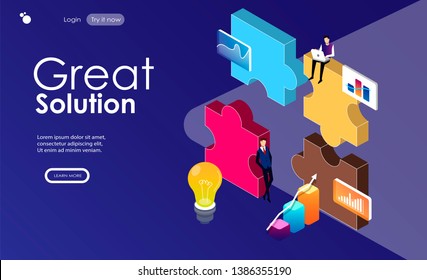 Teamwork success with puzzle concept. Can use for web banner, infographics, hero images. Flat isometric vector illustration isolated on dark blue background.