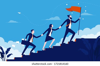Teamwork success - Team of business people walking up staircase, holding hands with raised flag. Working together creates progress and winners concept. Vector illustration.