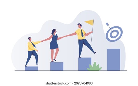 Teamwork success - Team of business people walking up staircase, holding hands with raised flag.