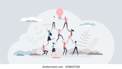 Teamwork success. A team forms pyramid to create innovative results, tiny person concept. Partnership, cooperation and collaboration supported by colleagues and work achievement gain together vector illustration.