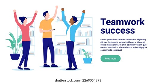 Teamwork success - Team of happy office people with hands in air celebrating and cheering after winning. Flat design vector illustration with copy space and white background