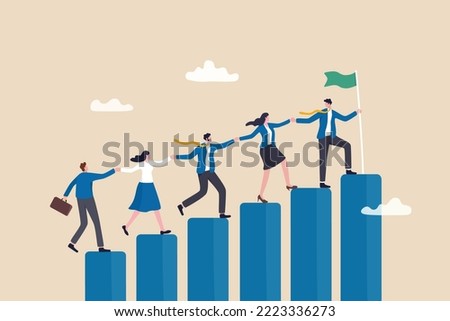 Teamwork to success together, employee career path or partnership support to help business growing, team collaboration or mentor and training concept, business people help team climbing growth chart.